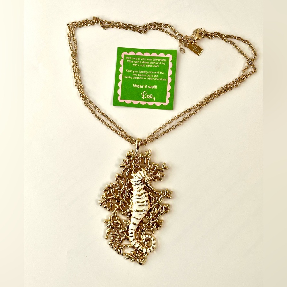 Lilly Pulitzer Coral Siesta Gold metal Enamel Seahorse Necklace New w/Tag
